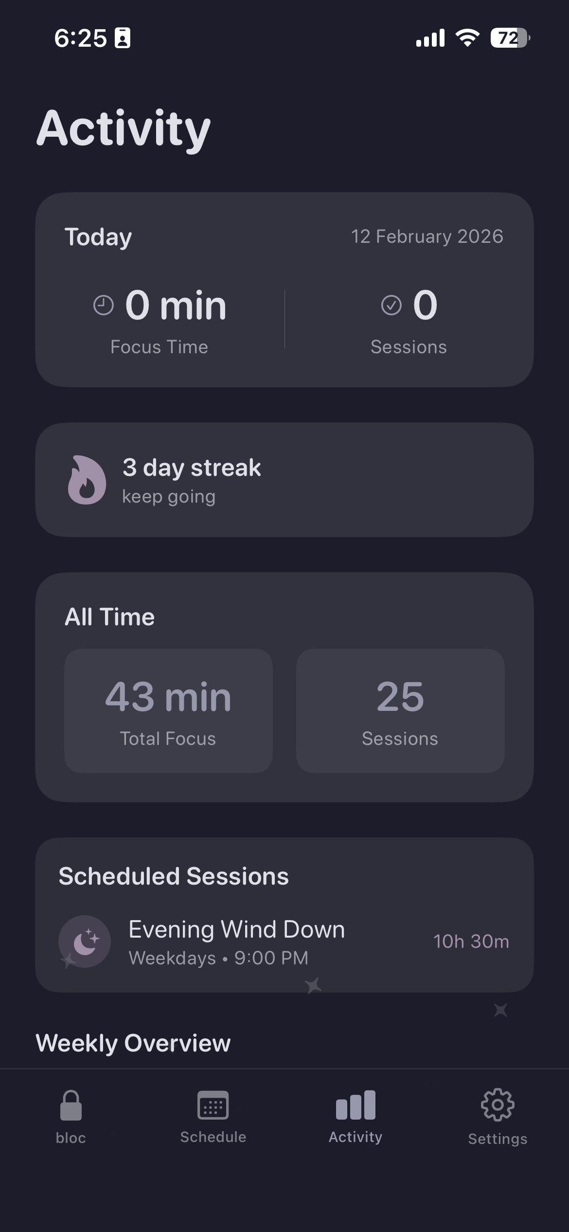 bloc activity dashboard — focus time, streaks, and session history
