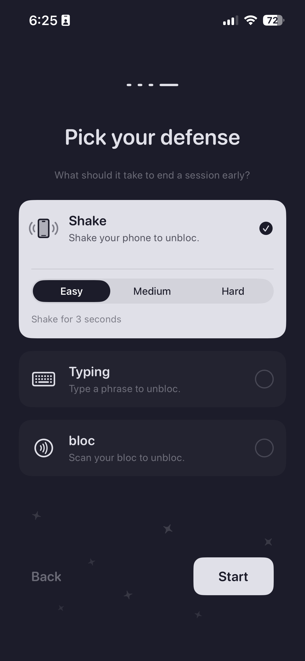 bloc defense picker — Shake, Typing, or NFC to unblock