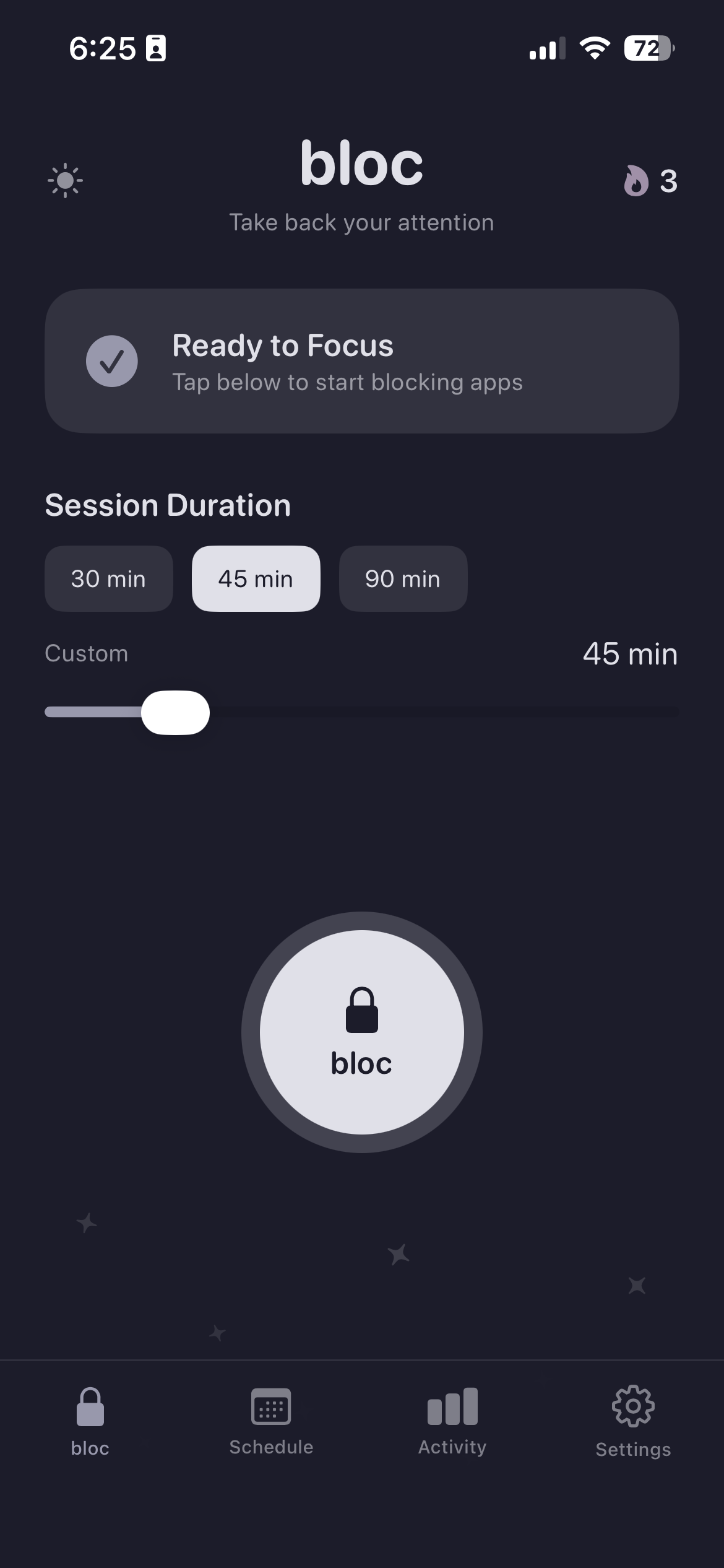 bloc app, focus session screen